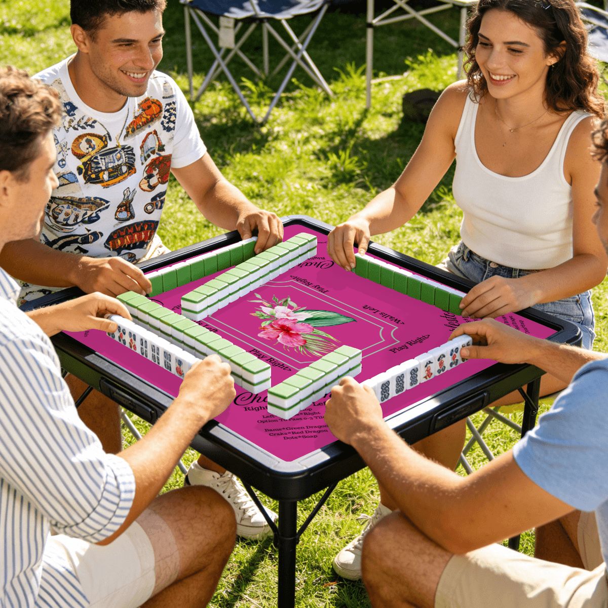 Mini Mahjong Mat With Instructions, Hot Fuscia Floral  (Ship Rolled up)