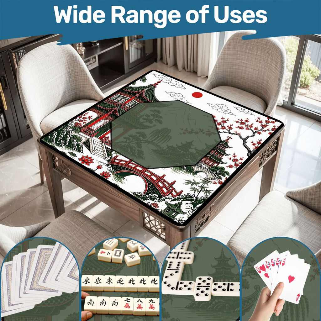 Asian Chinoiserie Pagoda Black, Red Green Mahjong Mat