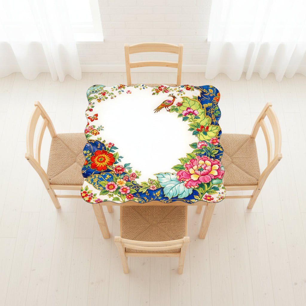 Tobacco Leaf Asian Chinoiserie Floral Scalloped Mahjong Mat