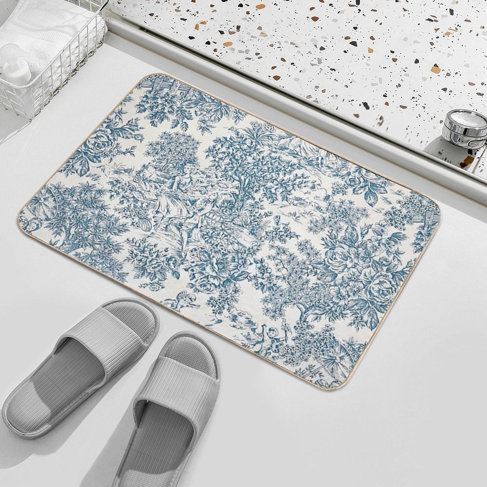 Powder Blue Romantic Flowers French Toile Design  Absorbent Bath Mat