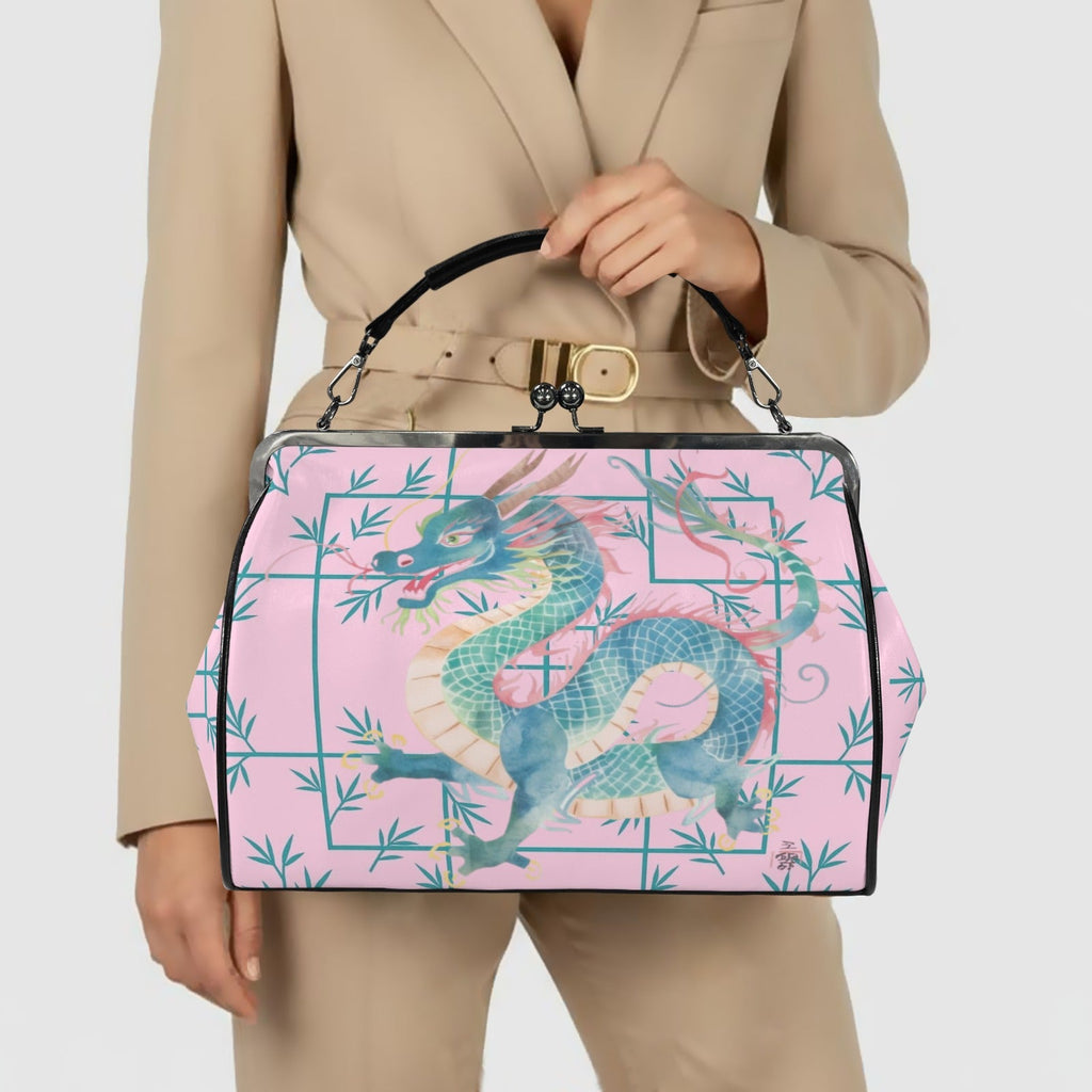 Hot Pink Watercolor Dragon Preppy Kisslock Handbag, Shoulder Bag Kisslock Crossbody Shoulder Bag