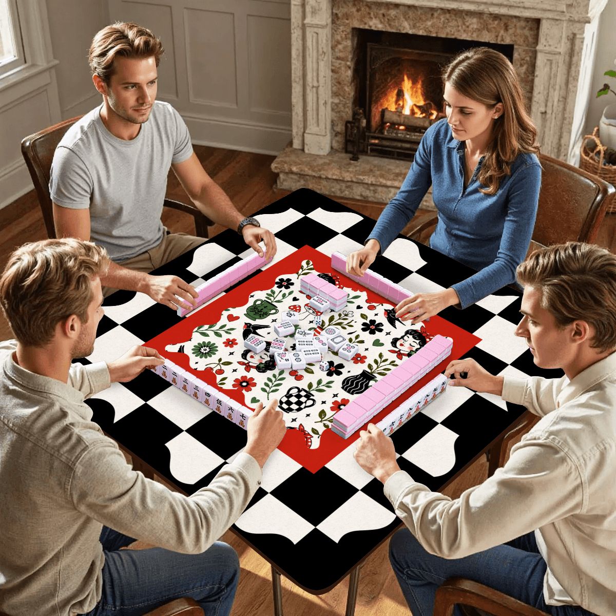 Mackenzies Garden Black Green Red Mahjong Mat