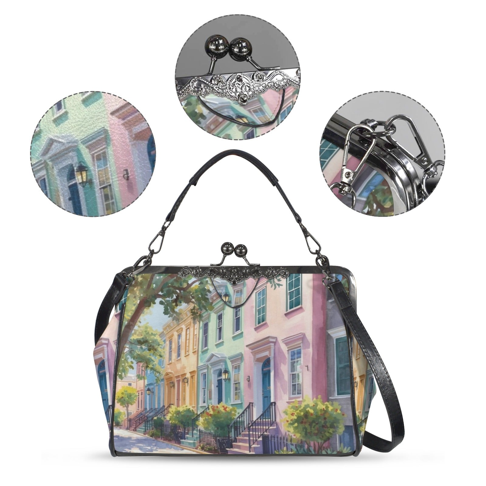 Charleston South Carolina Rainbow Row Preppy Vintage Kisslock Handbag/Shoulder Bag