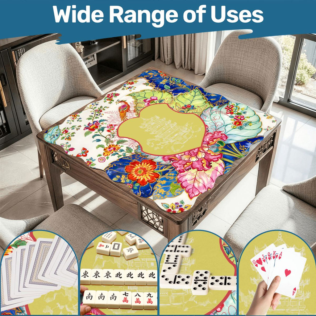 Asian Chinoiserie Tobacco Leaf Scalloped Mahjong Mat