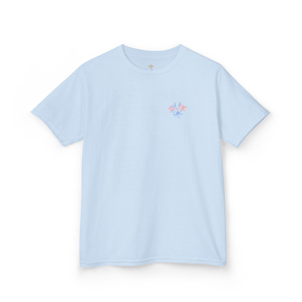Bee Patriotic American Flag with Bow Girls Short Sleeve Youth Heavy Cotton Gildan Hive Tee