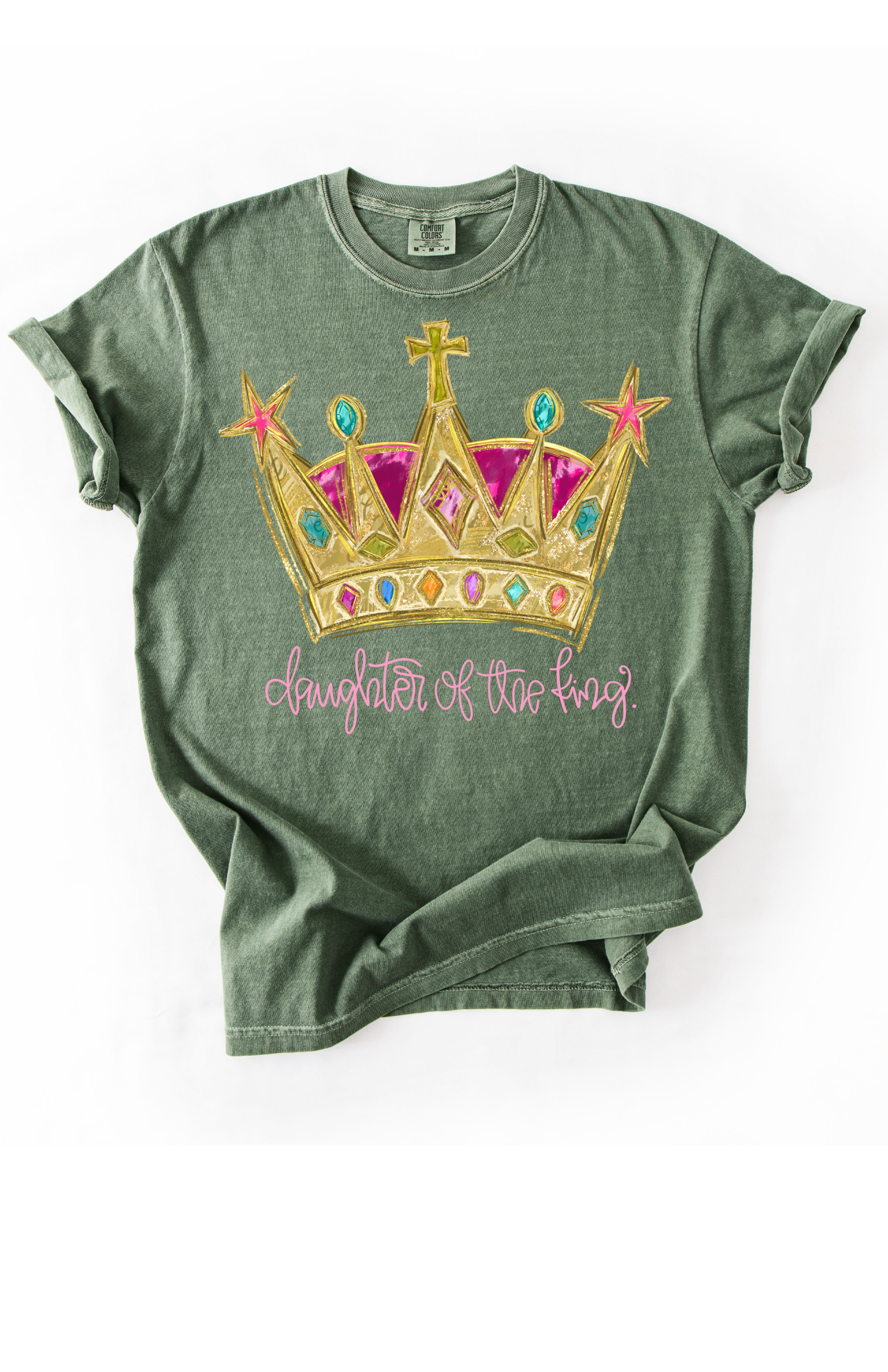 Green t-shirt with a colorful crown graphic and 'Daughter of the King' text on a white background