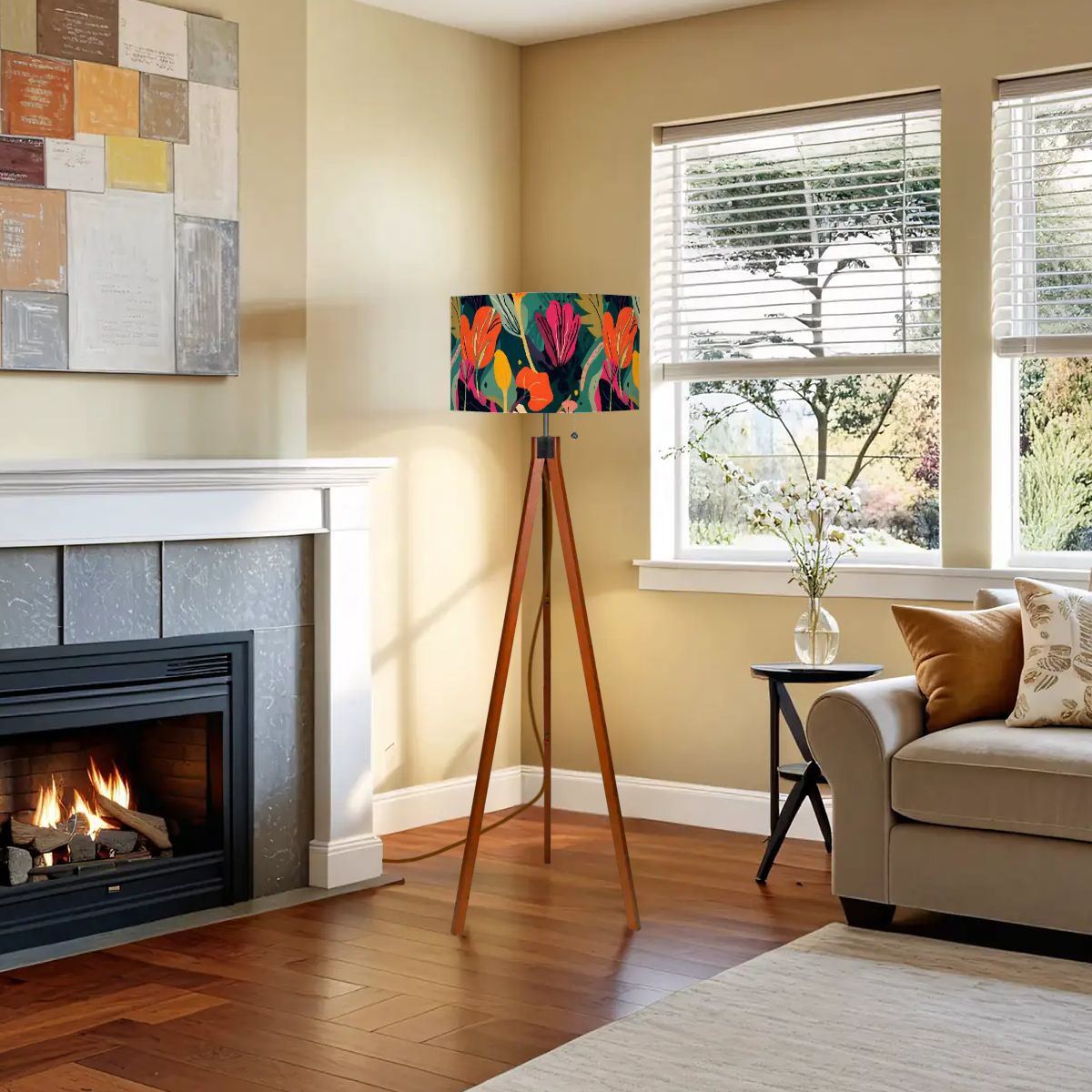 Grand Bohemian Modern Tripod Floor Lamp Orange, Teal, Yellow Fuchsia