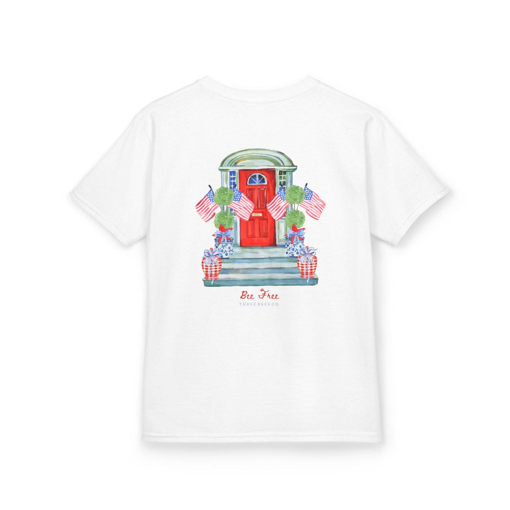 Bee Free Patriotic American Flag Front Porch Girls Short Sleeve Youth Hive Tee