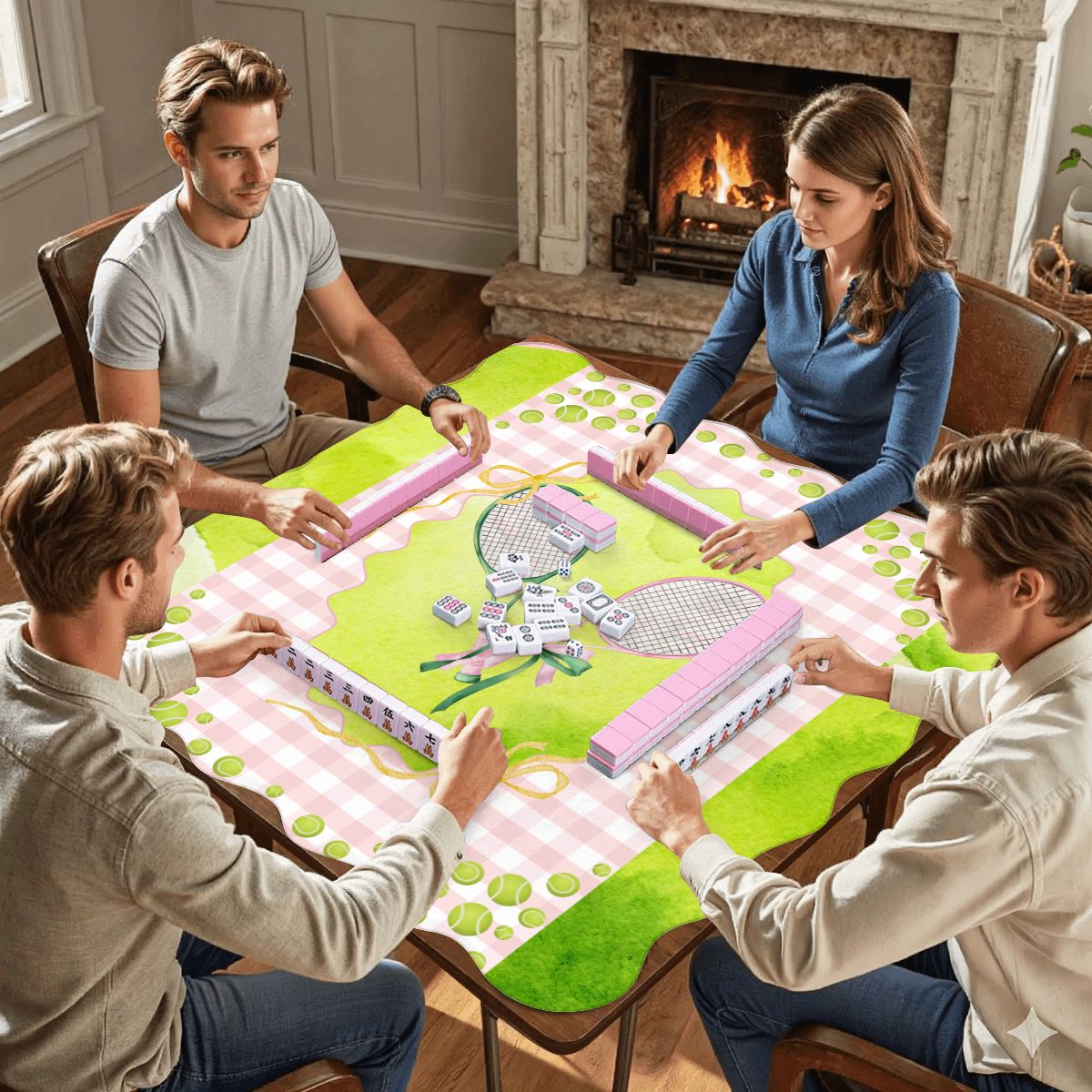 Green And Pink Tennis Themed Scalloped Mahjong Mat