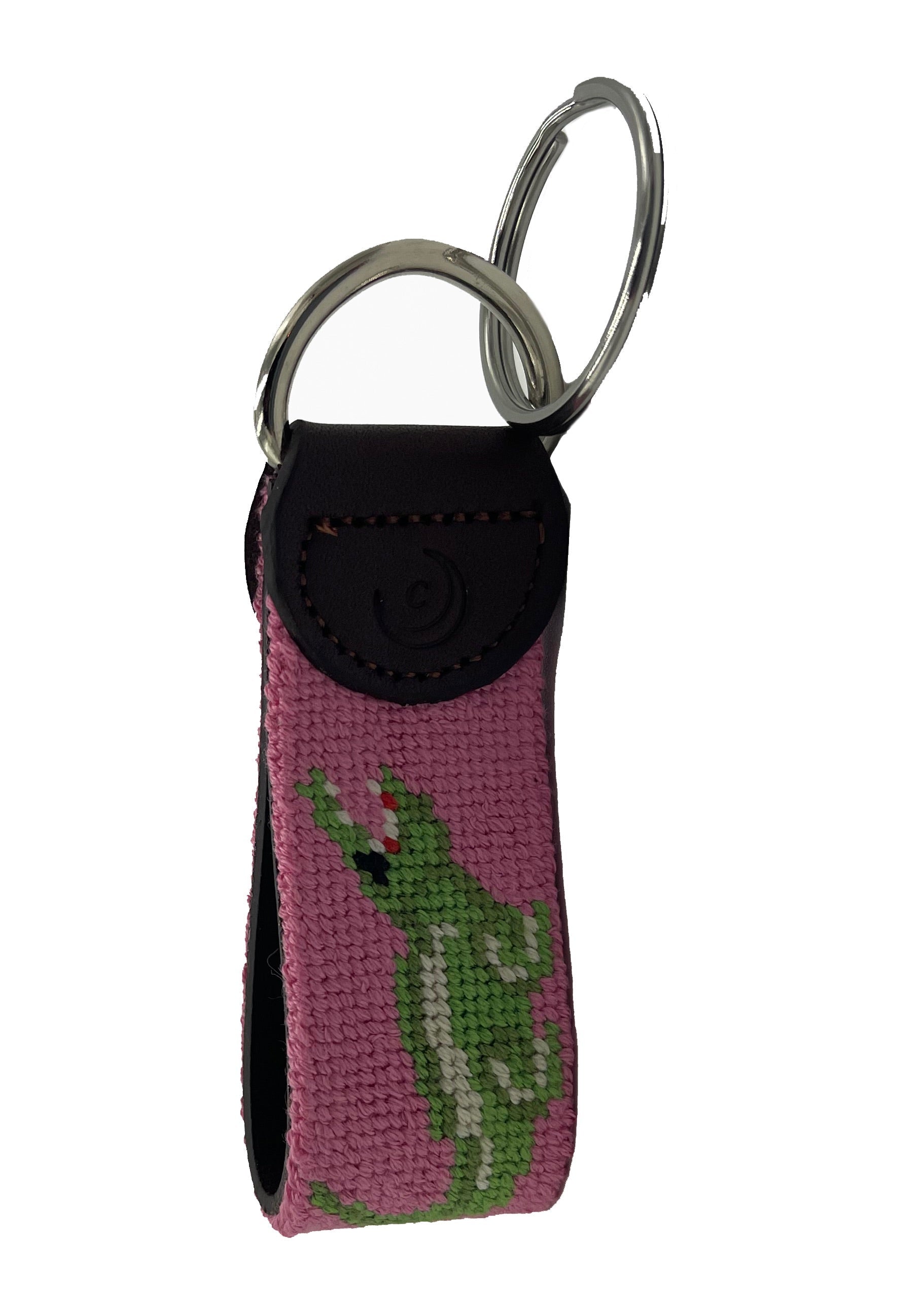 Key Fob - Pink Alligator Hand-stitched Needlepoint