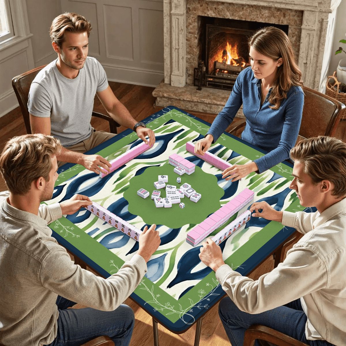 Ikat Watercolor Blue And Green Mahjong Mat