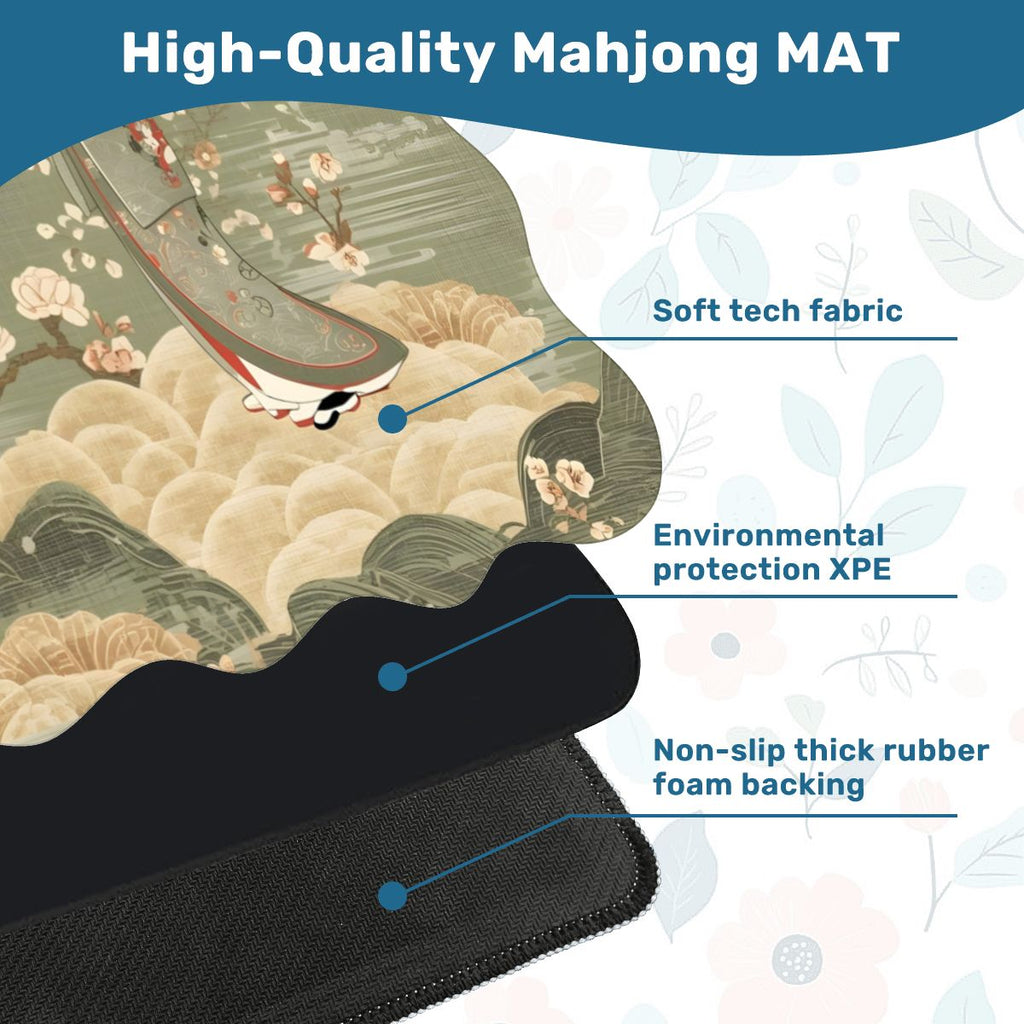 Floral Asian Geisha Girl Scalloped Mahjong Mat