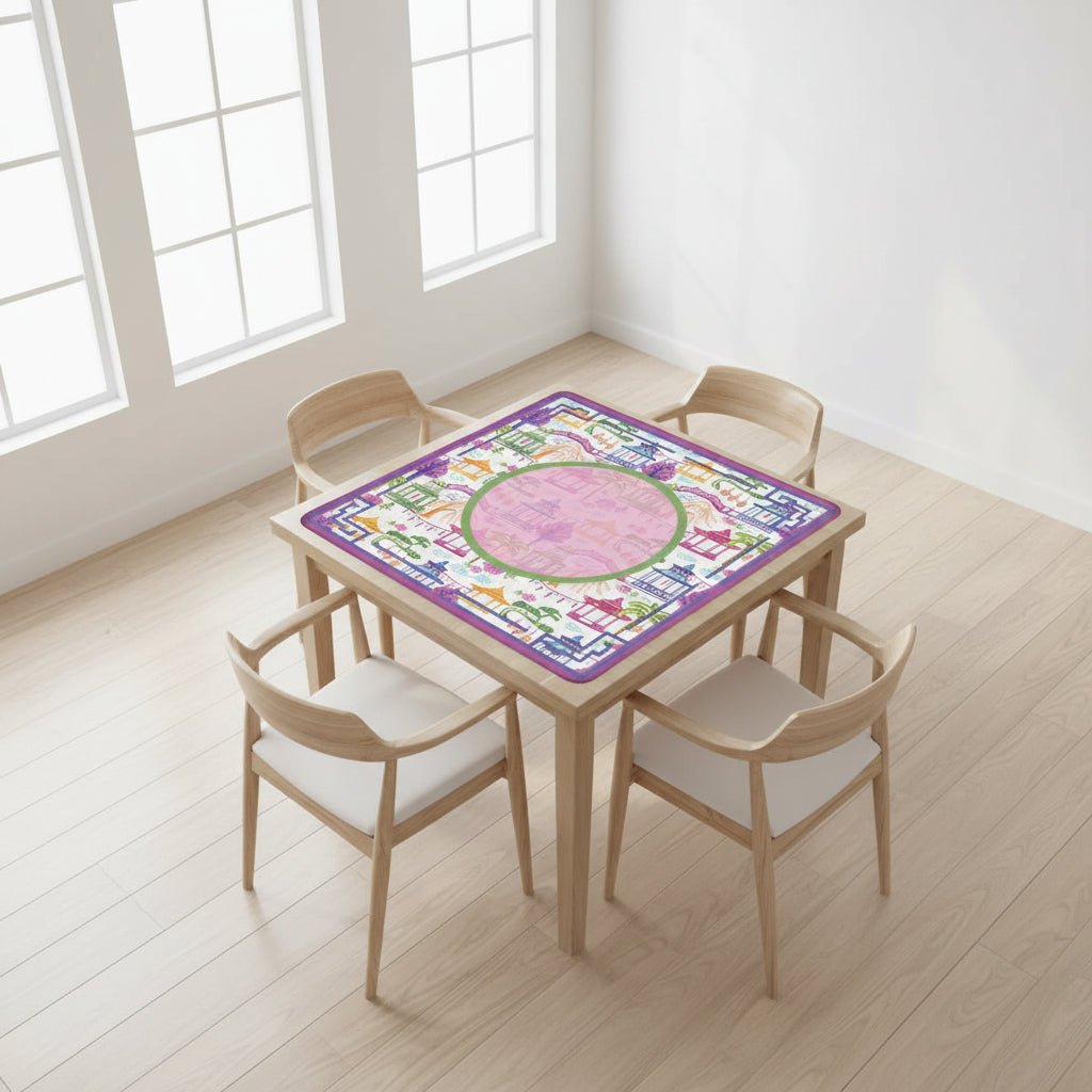 Asian Chinoiserie Gardens, Pagoda, Lantern Lavender And Blue Mahjong Mat