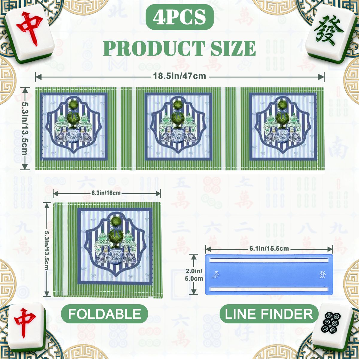 Chinoiserie Staffordshire Dogs Green Blue Striped 4 Mahjong Card Holder with Line Finder