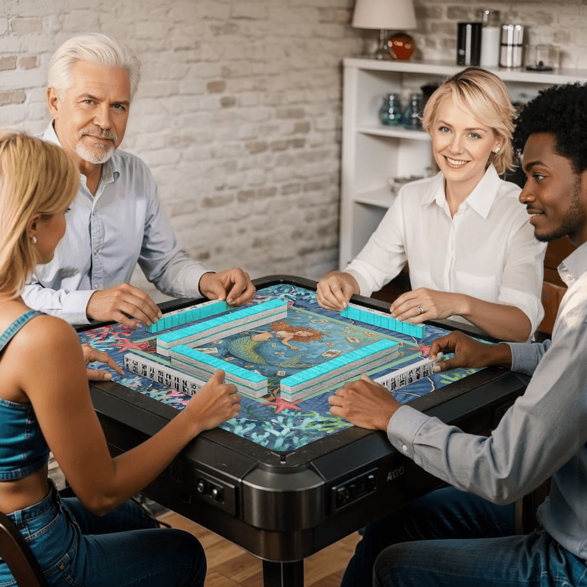 Mermaid Mahjong Mat, Sea Of Life Marbled Blue And Coral Reef
