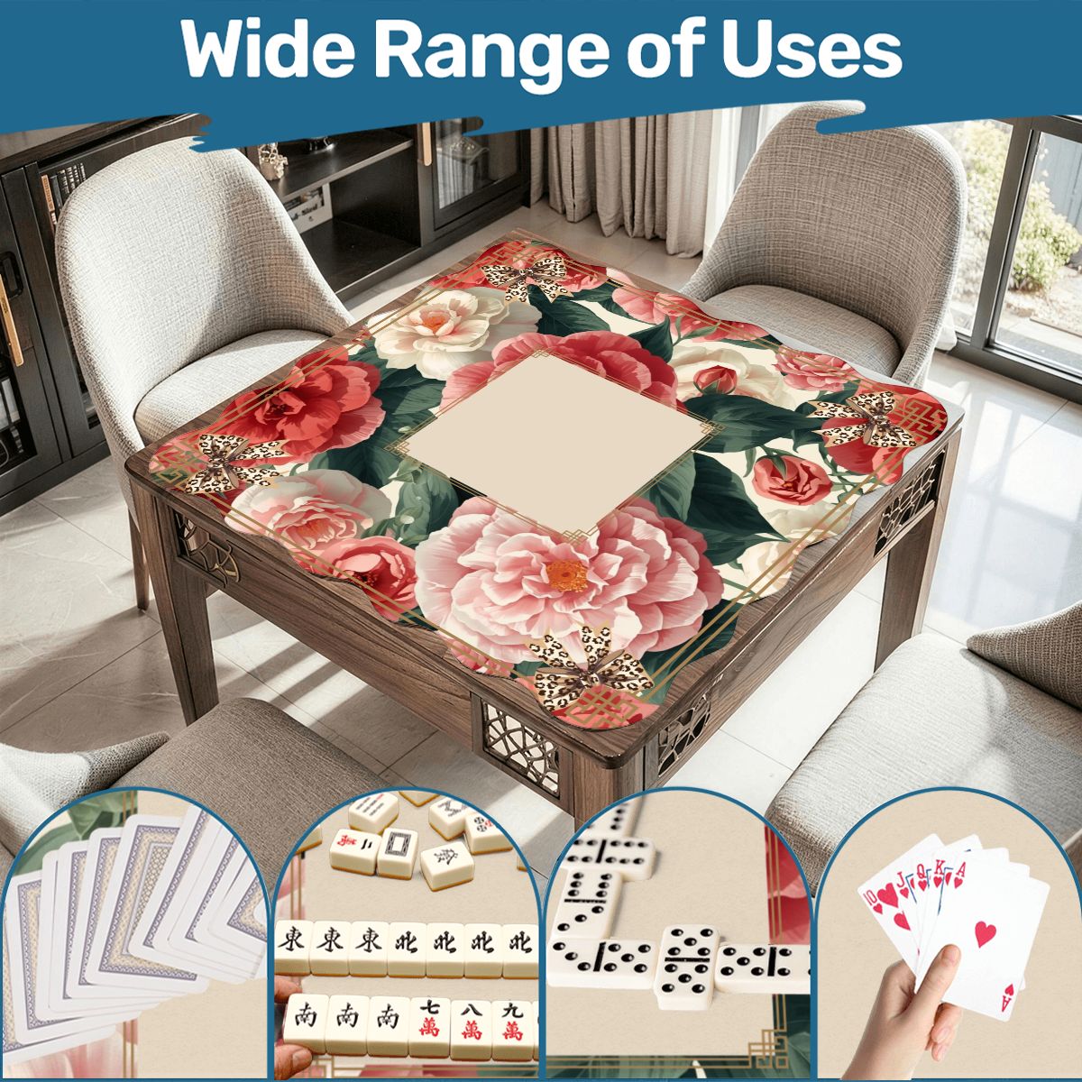 Floral Charleston Camellias Scalloped Mahjong Mat