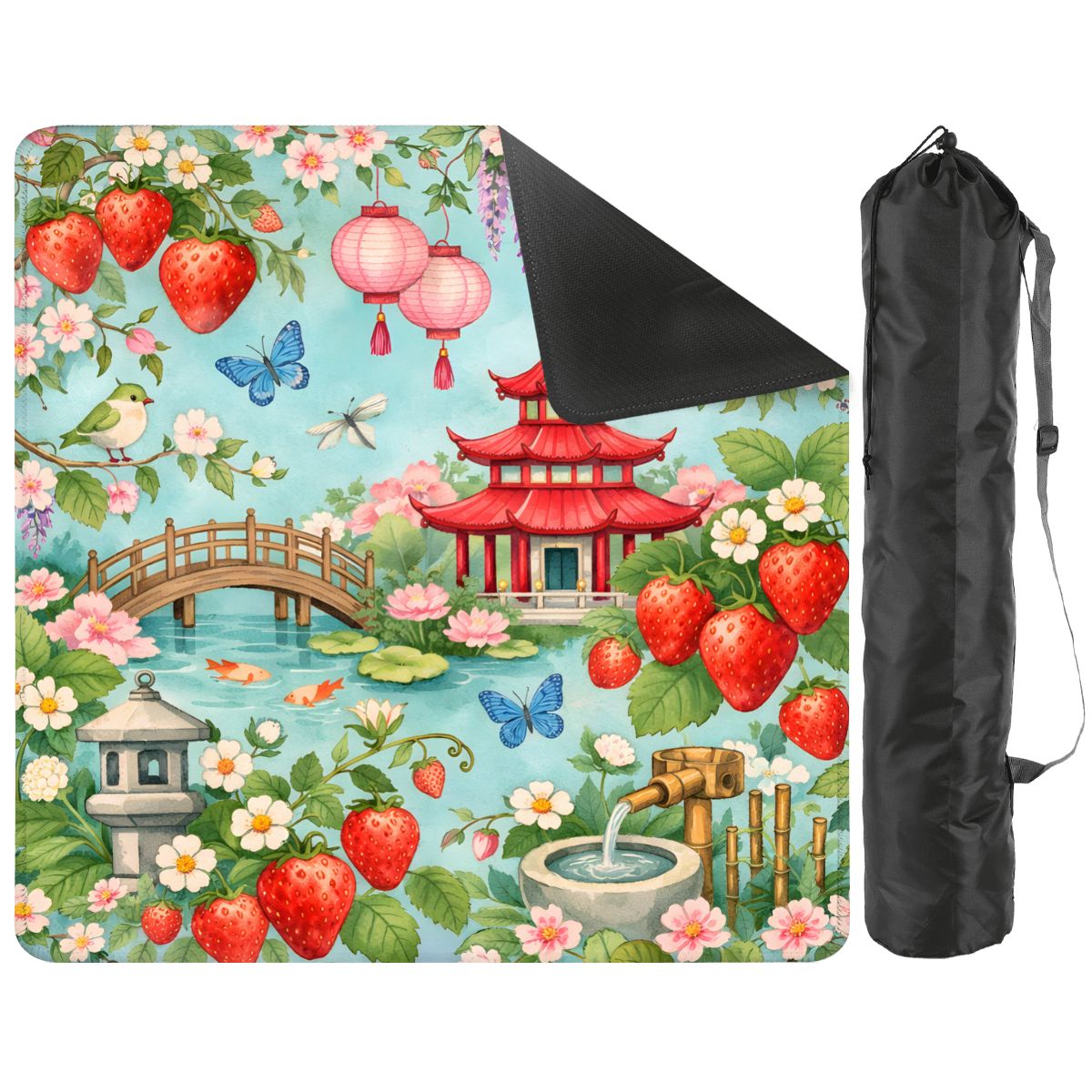 Strawberry Pagoda Garden Watercolor Mahjong Mat