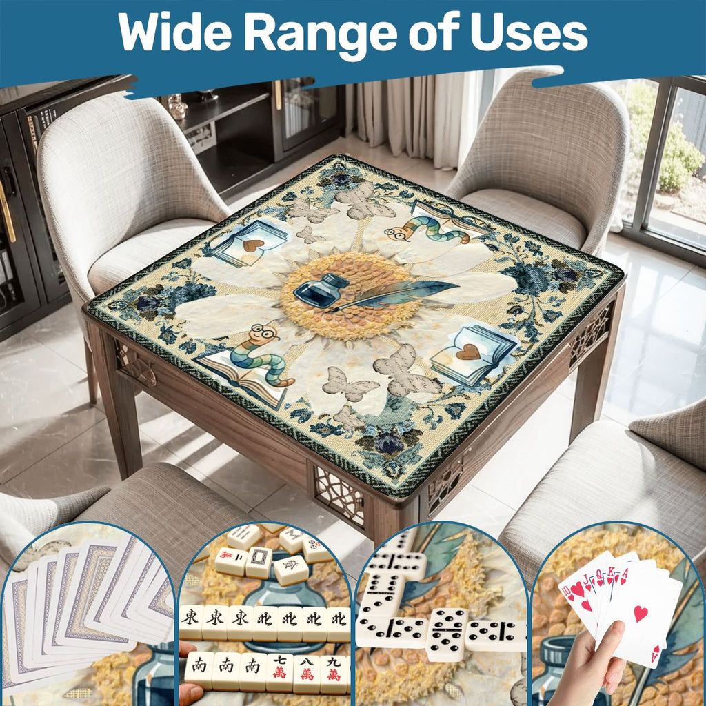 Once Upon A Mahjong Ink And Ivory Faux Embroidered Book Worm Mahjong Mat