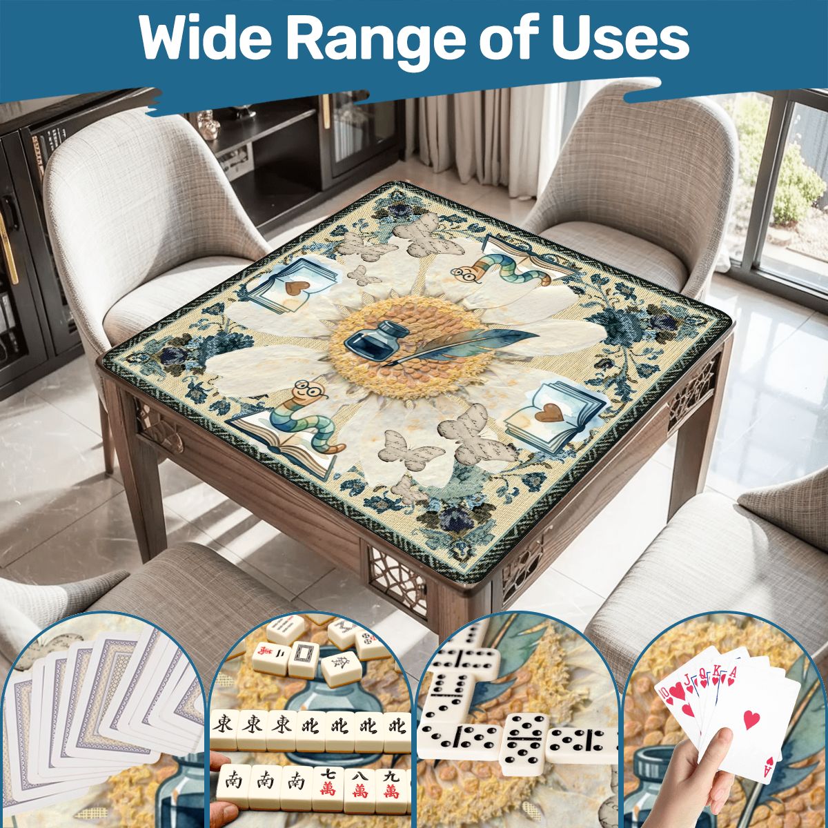 Once Upon A Mahjong Ink And Ivory Faux Embroidered Book Worm Mahjong Mat