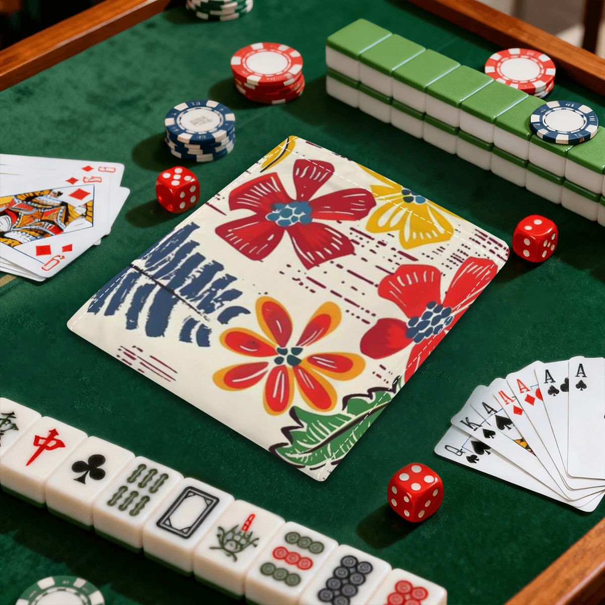 Floral Heritage Red Blue Yellow Flowers 4 Mahjong Card Holder with Line Finder