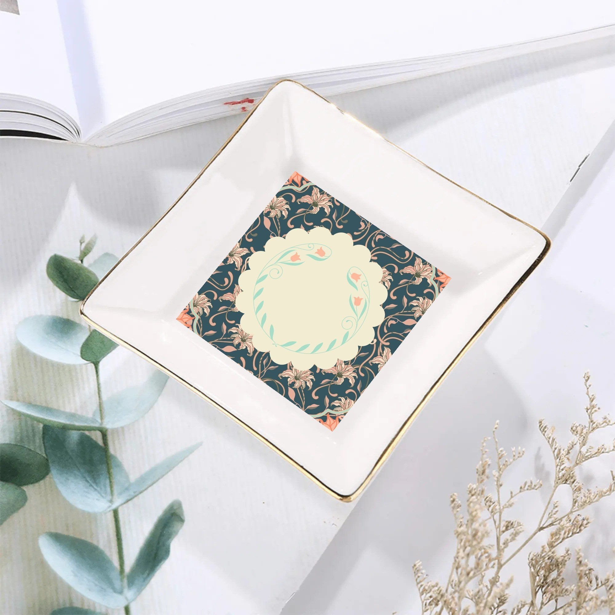 Floral Asian Art Deco Dessert, Appetizer Ceramic Plates