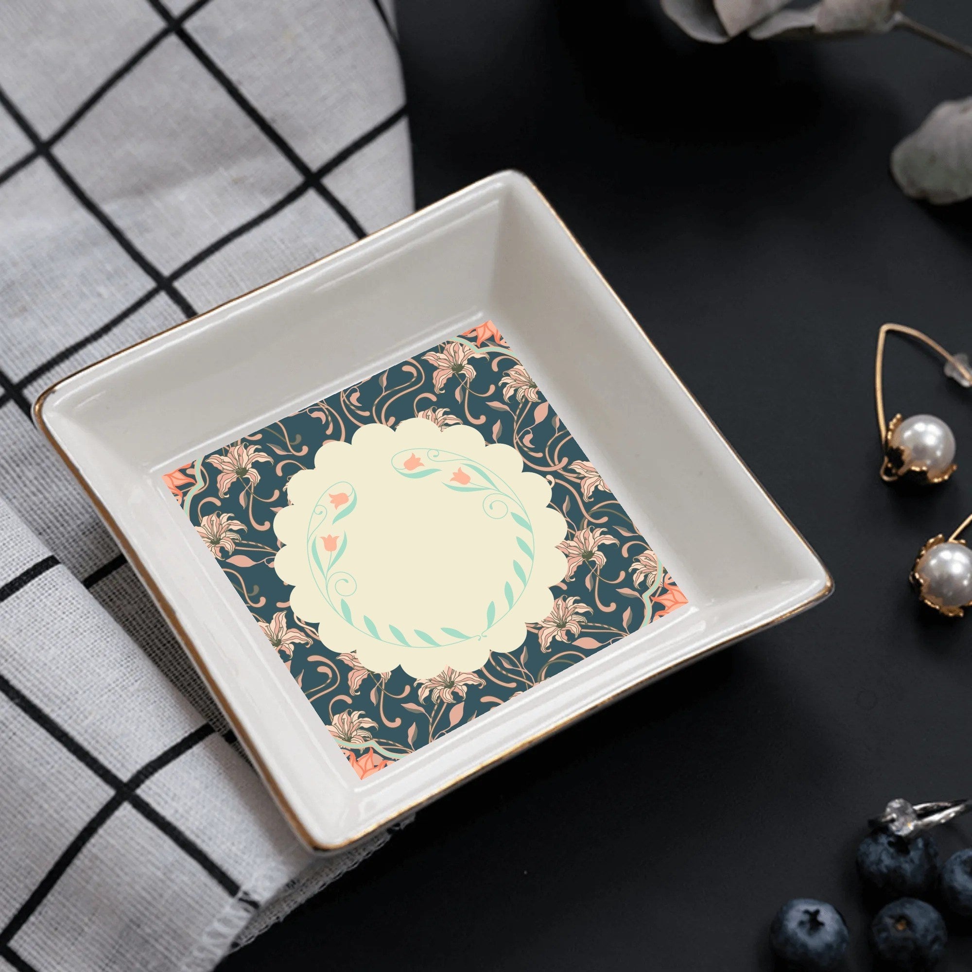 Floral Asian Art Deco Dessert, Appetizer Ceramic Plates