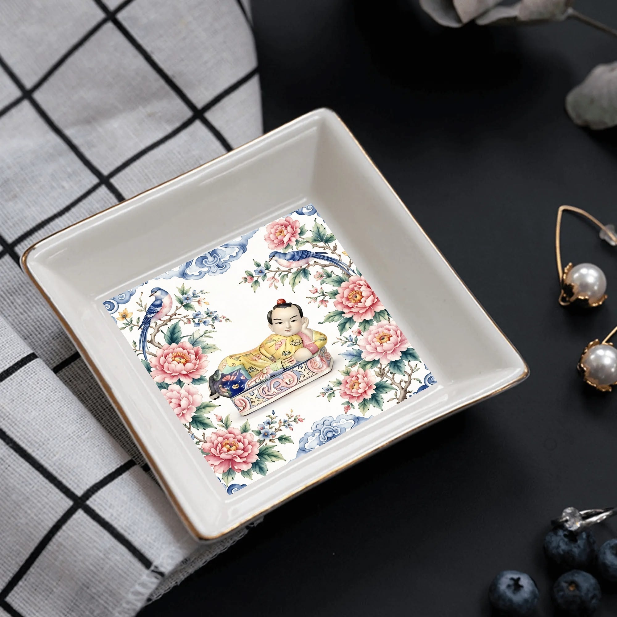 Opium Garden Chinoiserie Headrest Mahjong Snack, Dice, Trinket Pickens Plates