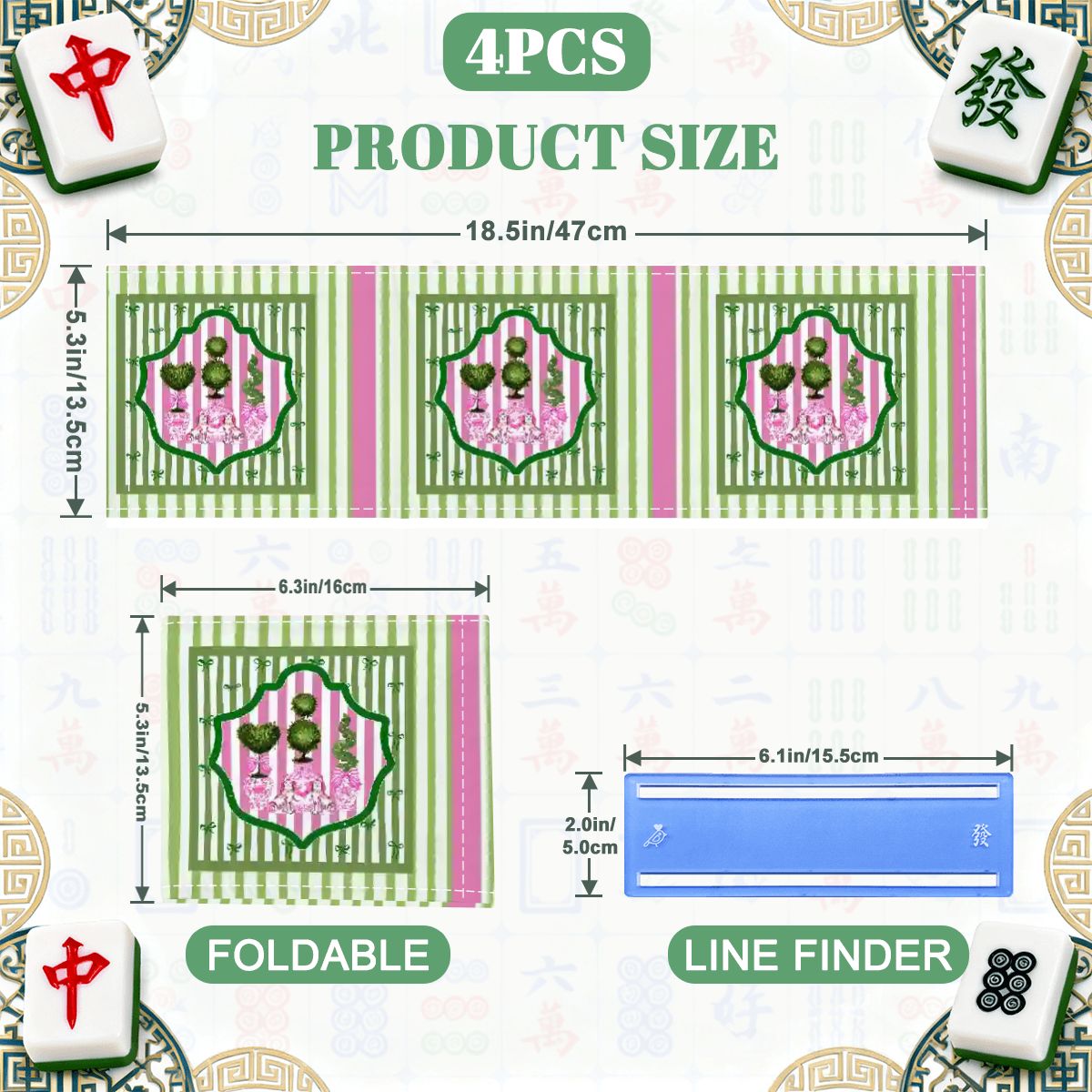 Staffordshire Preppy Pink Green Striped 4 Mahjong Card Holder with Line Finder