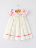 Fall White Girls Dress with Pink Bow Embroidery
