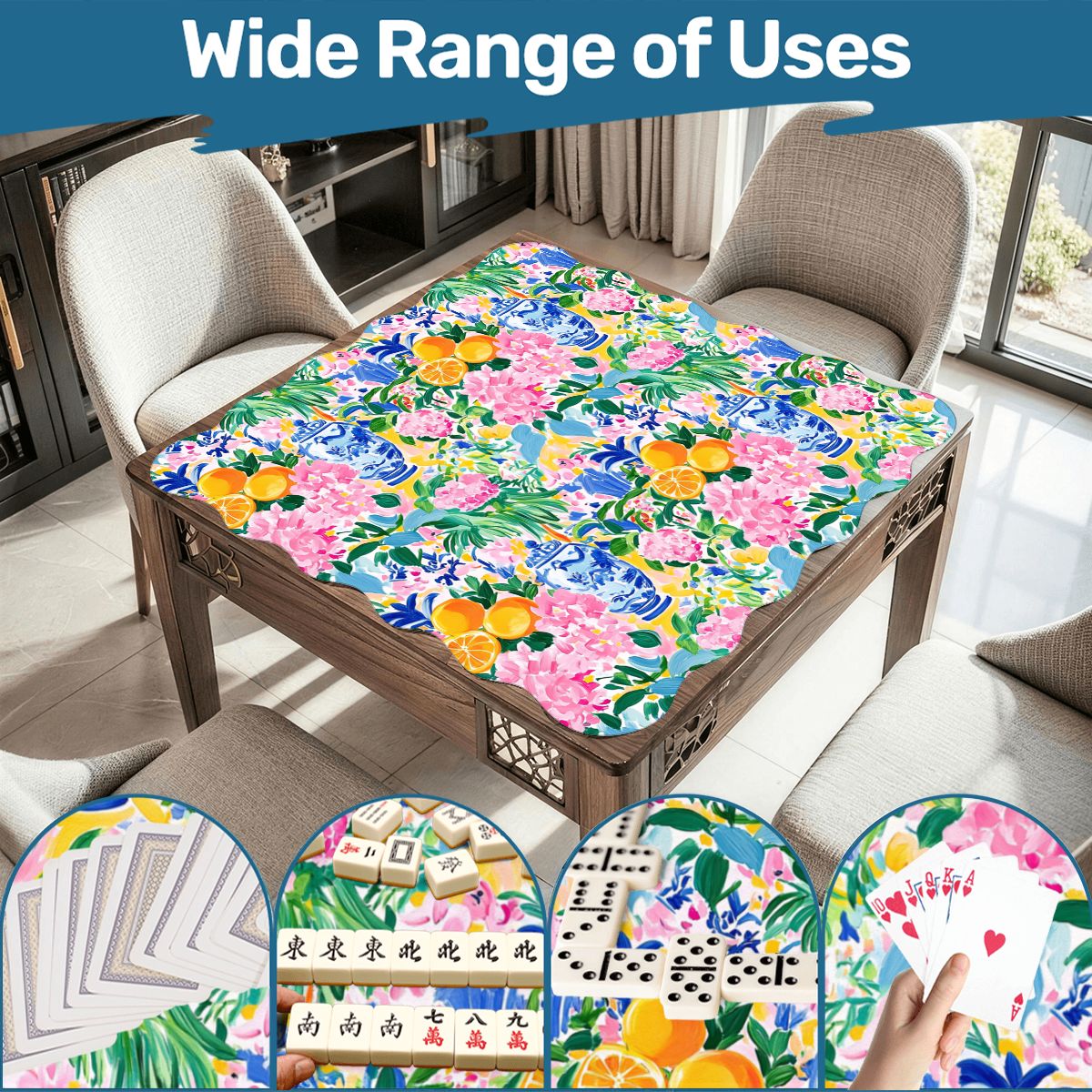 Asian Chinoiserie Tropical Pastel Scalloped Mahjong Mat