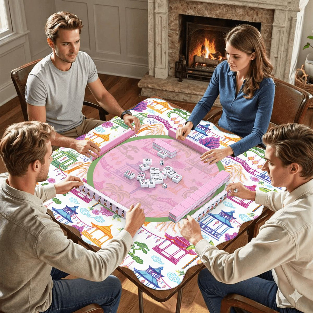 Chinoiserie Asian Gardens, Pagoda, Lantern Lavender And Blue Scalloped Mahjong Mat