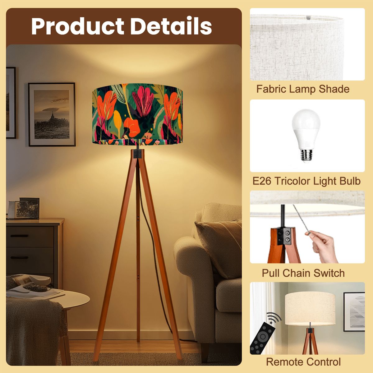 Grand Bohemian Modern Tripod Floor Lamp Orange, Teal, Yellow Fuchsia