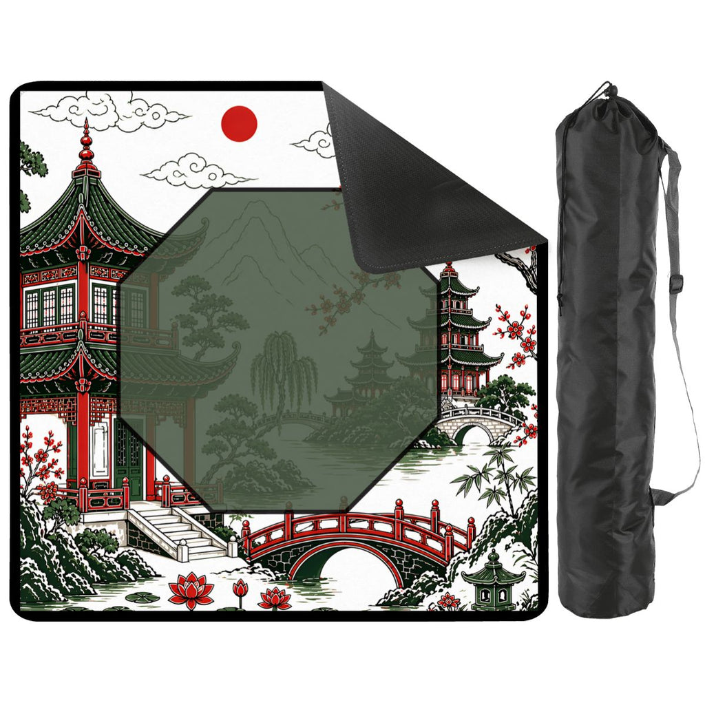 Asian Chinoiserie Pagoda Black, Red Green Mahjong Mat