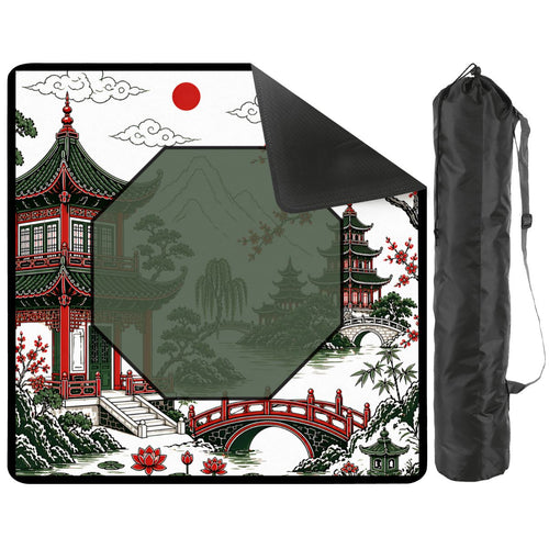 Asian Chinoiserie Pagoda Black, Red Green Mahjong Mat