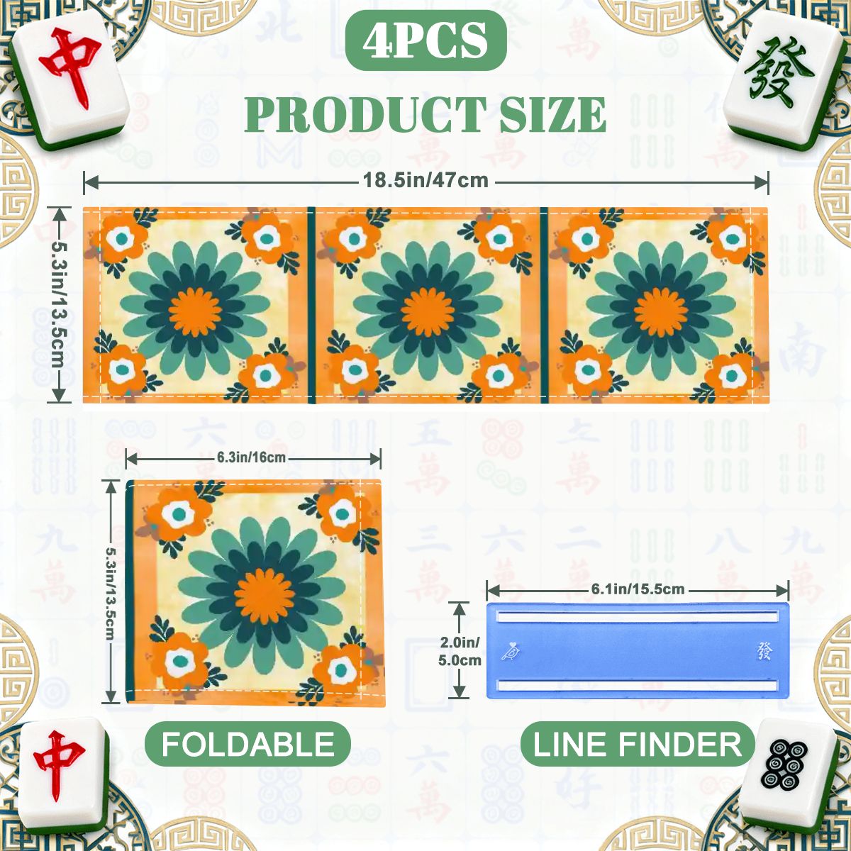 Floral Boho Orange, Teal Blue 4 Mahjong Card Holder with Line Finder