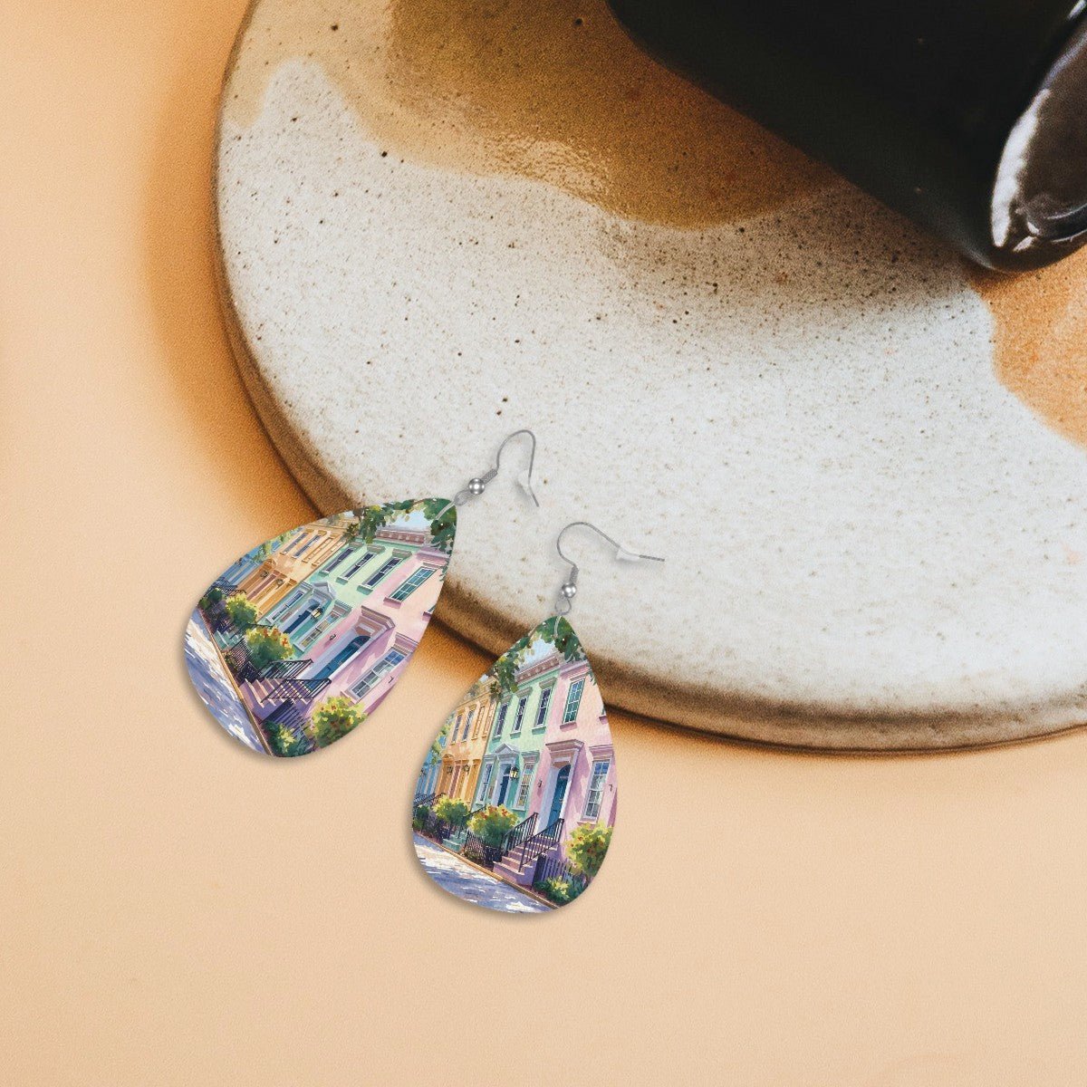 Charleston South Carolina Rainbow Row Leather Teardrop Earrings