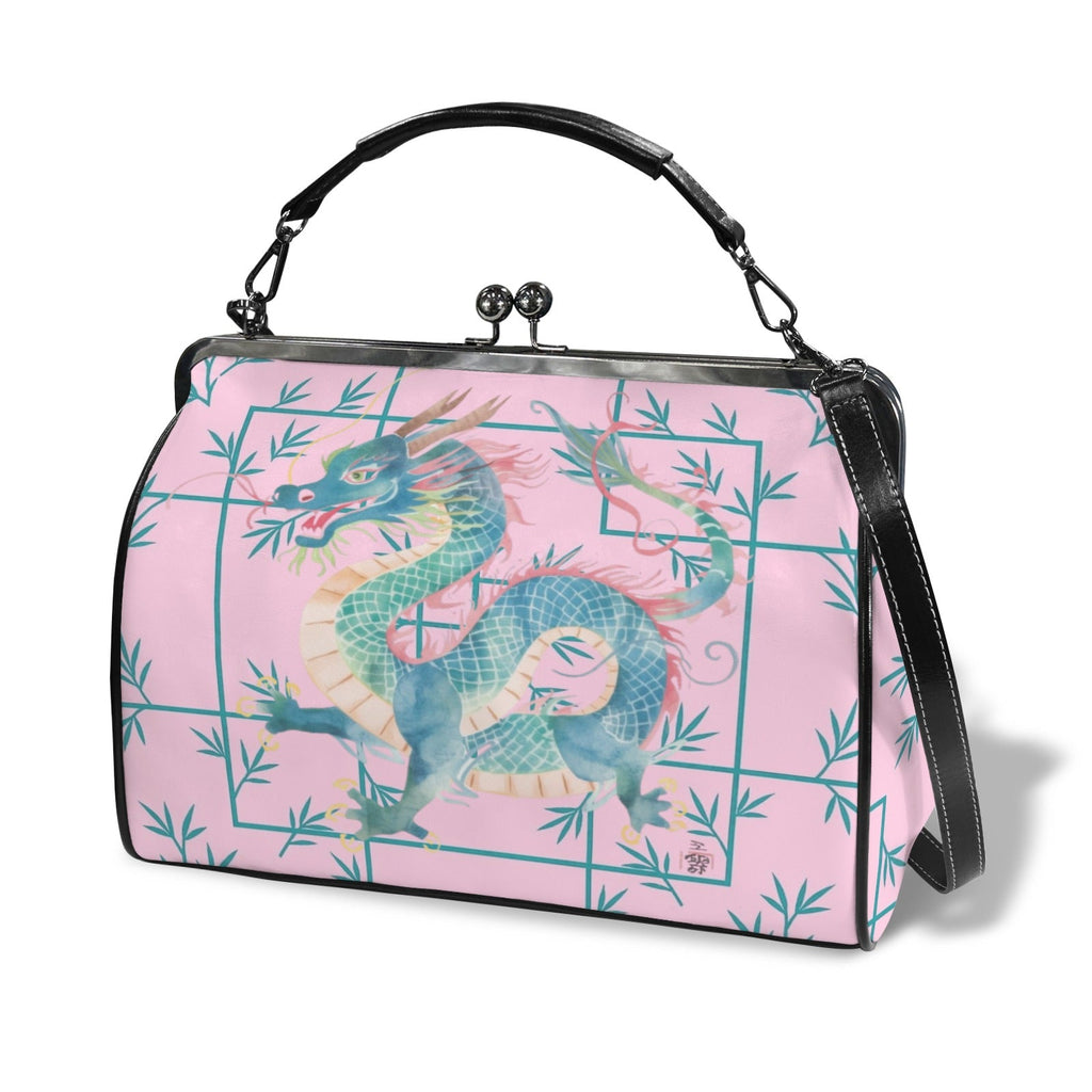 Hot Pink Watercolor Dragon Preppy Kisslock Handbag, Shoulder Bag Kisslock Crossbody Shoulder Bag