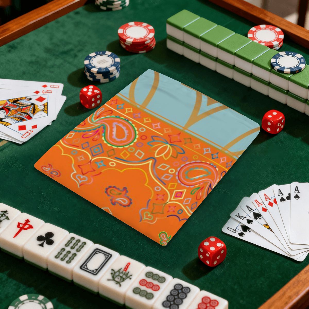 Celestial Sun, Orange Aqua Designed 4 Mahjong Card Holder with Line Finder