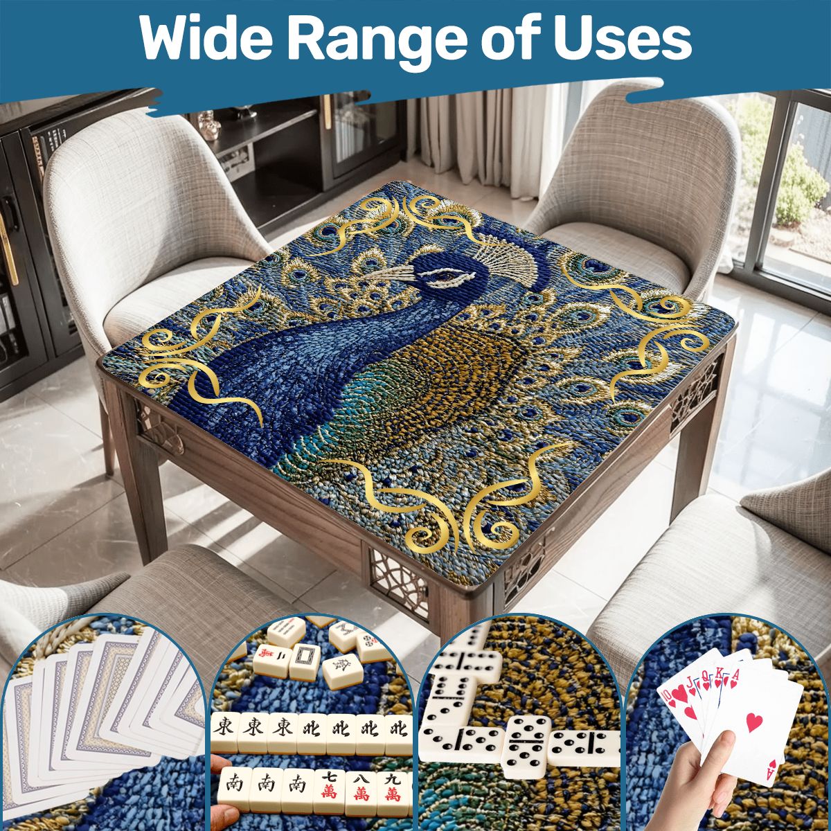 Floral Elegant Peacock Faux Needlepoint Mahjong Mat