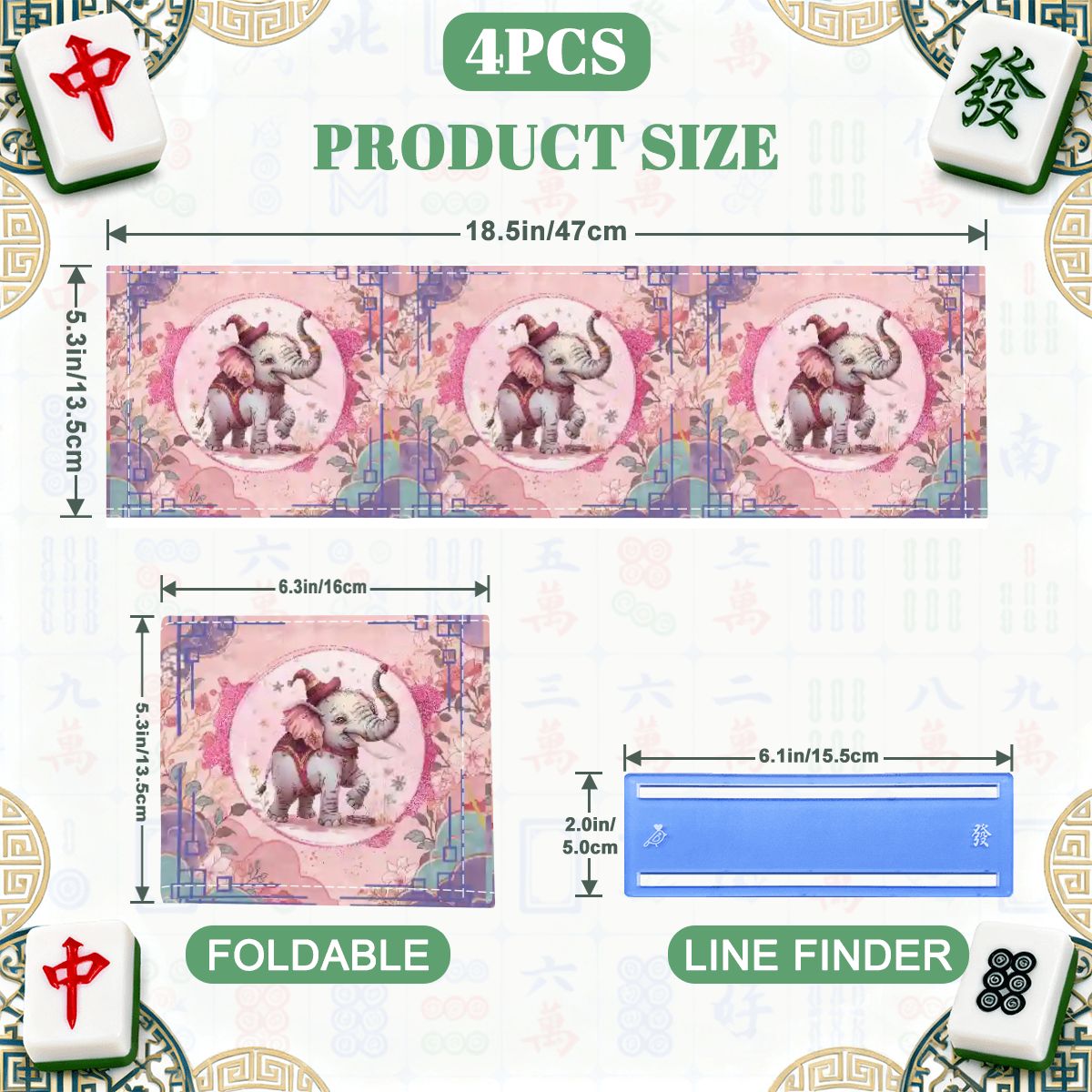 Tilly Tusk Magical Asian Elephant Garden 4 Mahjong Card Holder with Line Finder