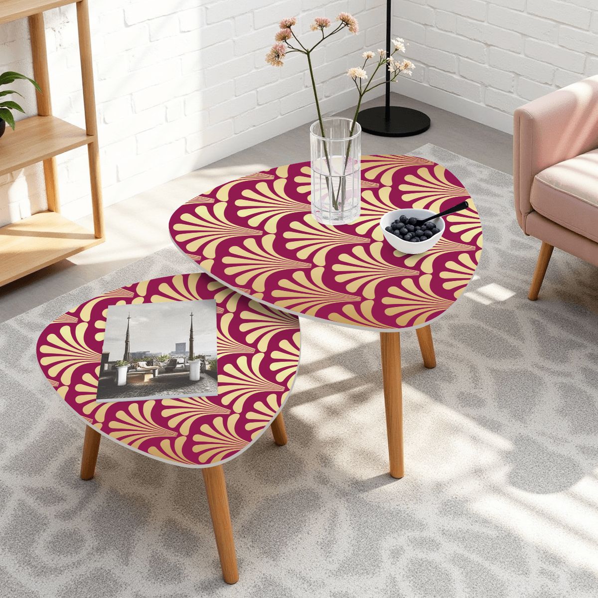 Art Deco Modern Nesting Tables In Burgundy And Gold