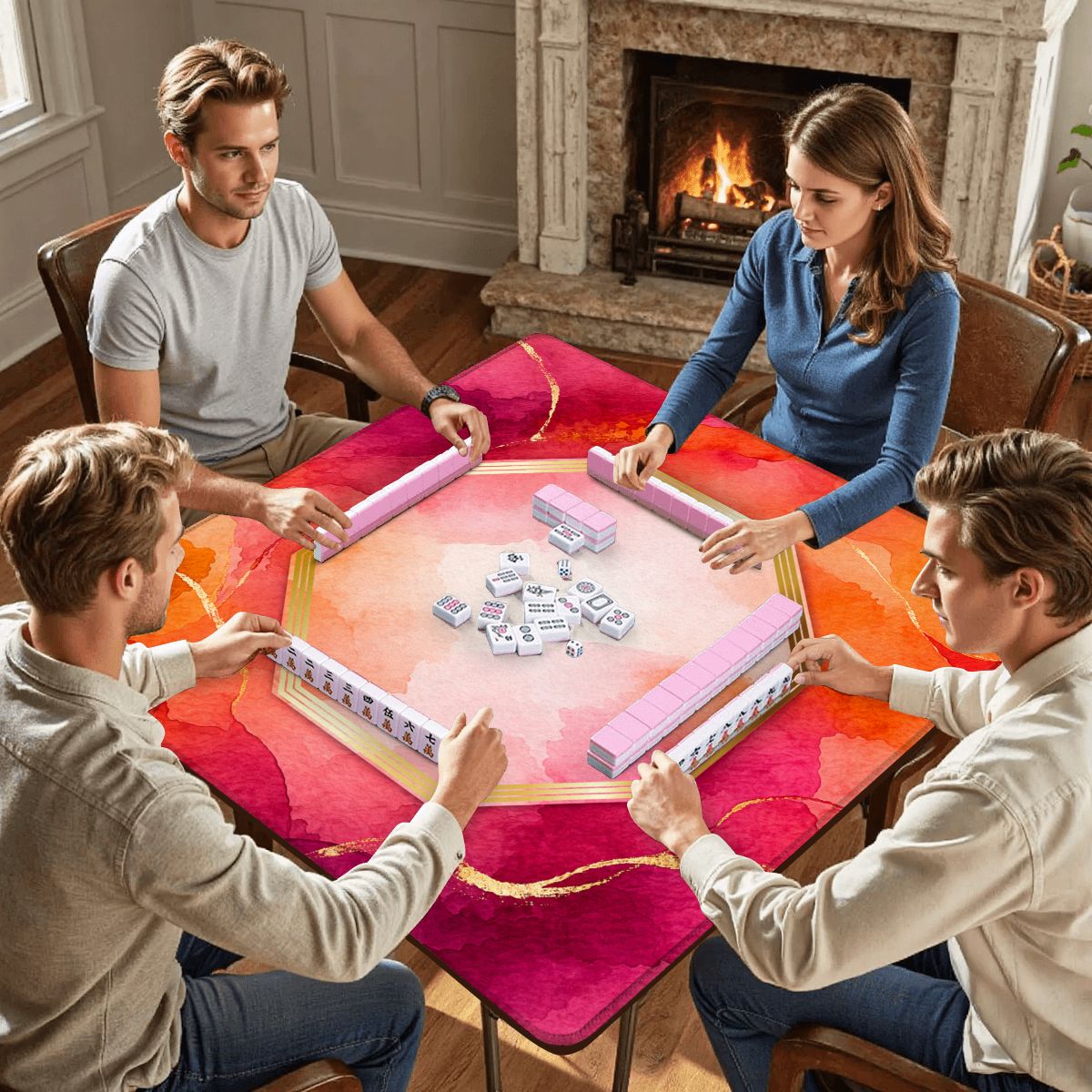 Bejeweled Watercolor, Fuchsia, Orange And Gold Flecked Mahjong Mat