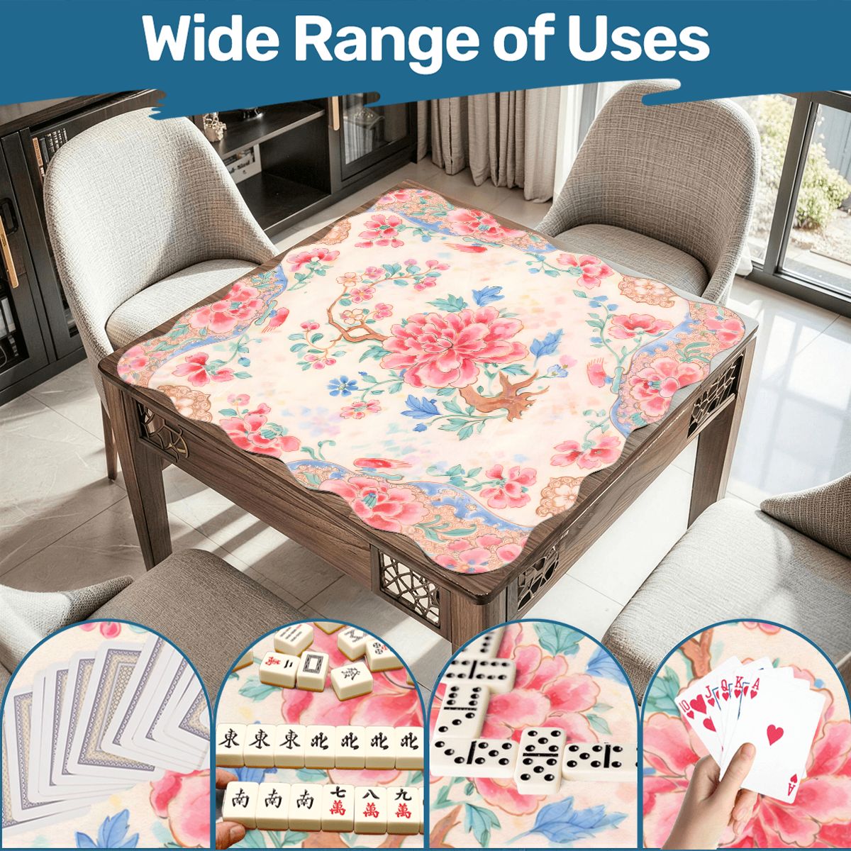Famille Rose Scalloped Mahjong Mat Preppy Pink, Baby Blue Chinoiserie