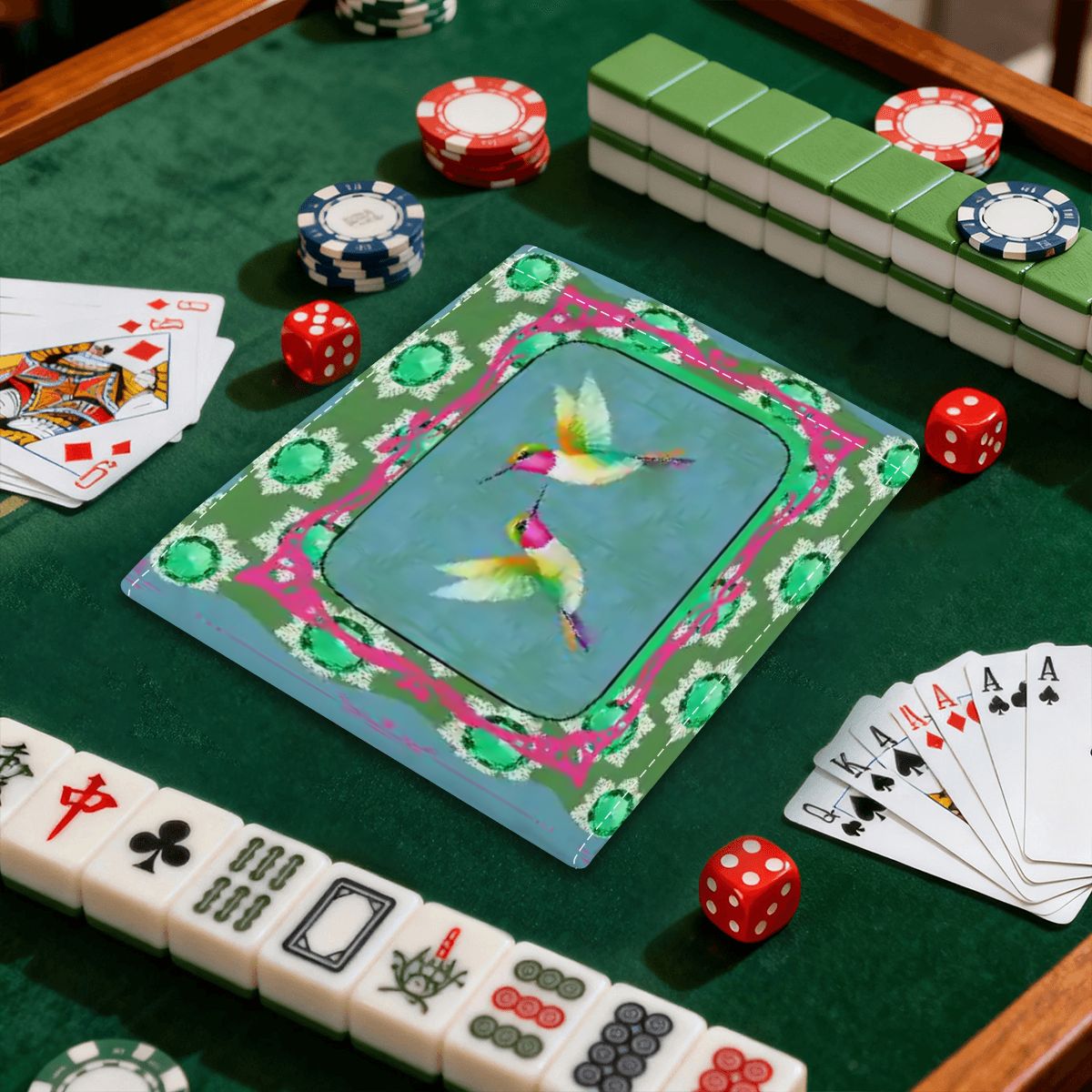 Emerald Mahjong, Flutterbird, Preppy Pink, Green Blue Floral 4 Mahjong Card Holder with Line Finder