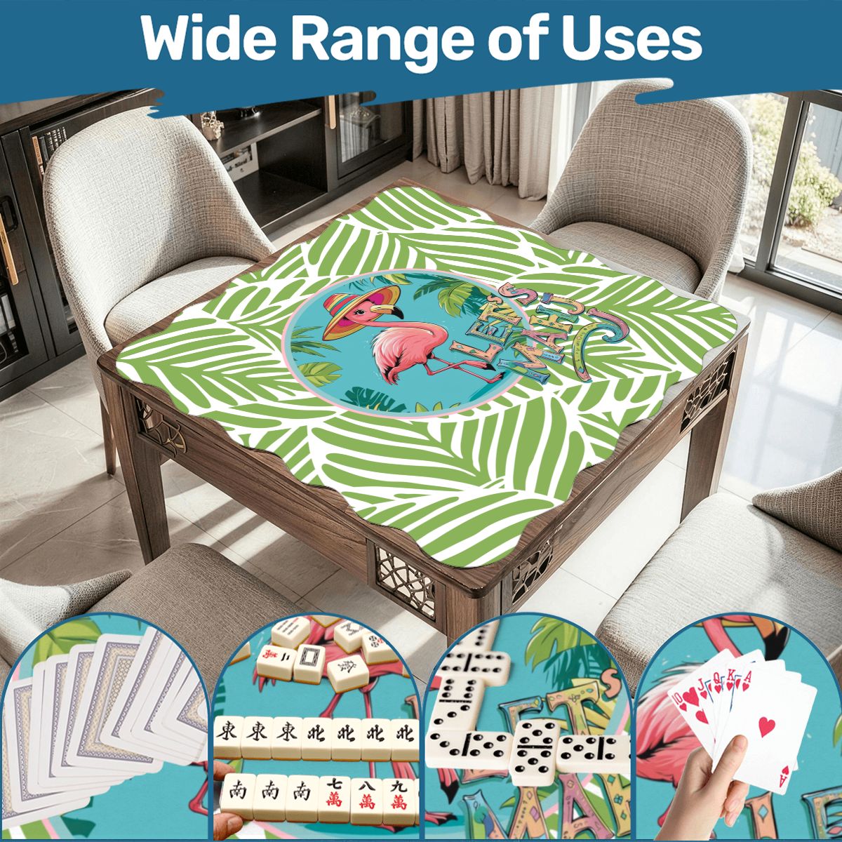 Tropical Flamingo Green And Pink Scalloped Mahjong Mat