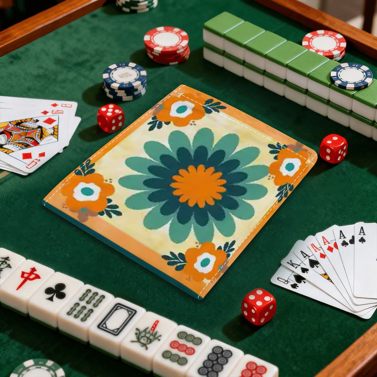 Floral Boho Orange, Teal Blue 4 Mahjong Card Holder with Line Finder