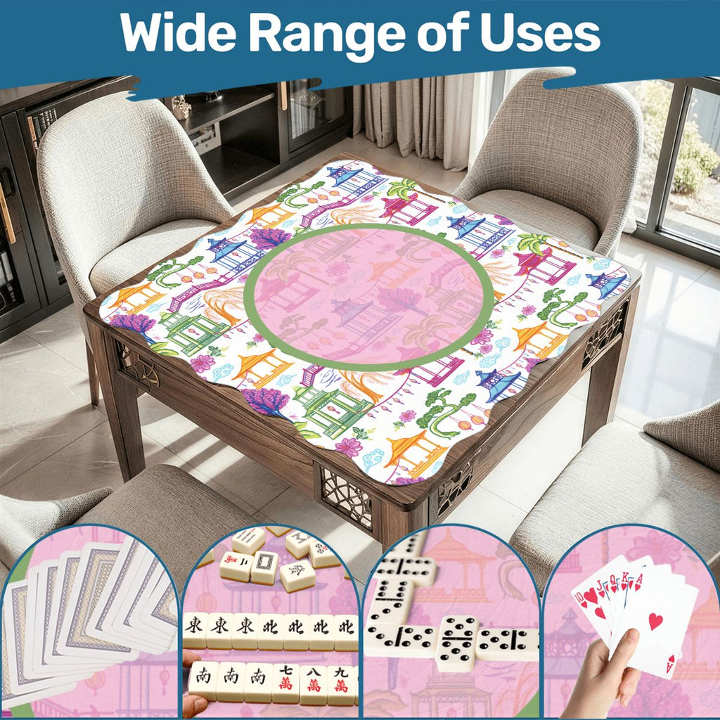 Chinoiserie Asian Gardens, Pagoda, Lantern Lavender And Blue Scalloped Mahjong Mat