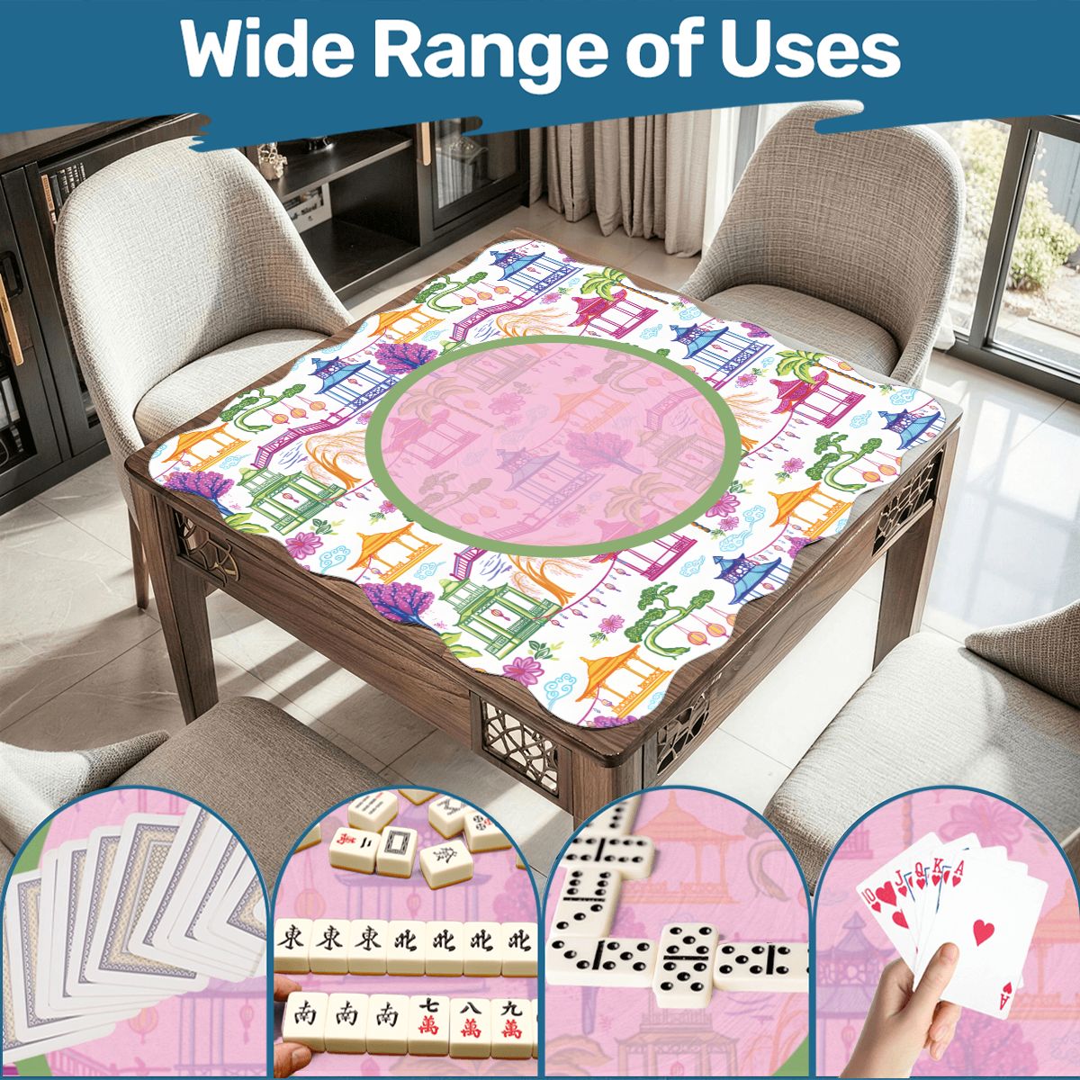 Chinoiserie Asian Gardens, Pagoda, Lantern Lavender And Blue Scalloped Mahjong Mat