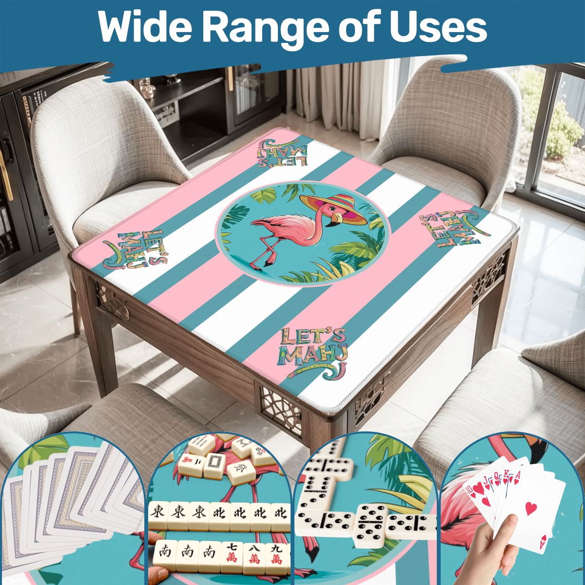 Let's Mahj, Tropical Flamingo Pink, White And Aqua Mahjong Mat