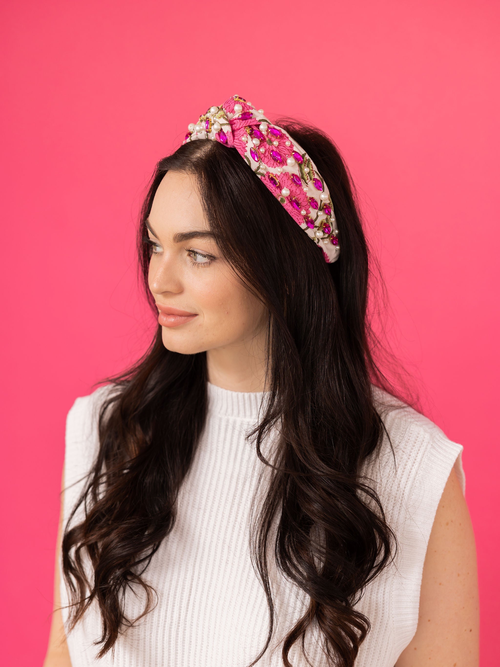 Spring Floral Print Headband - Pink Rhinestone Pink Flowers